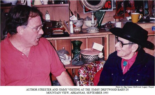 Author Richard Kent Streeter visiting with Jimmy Driftwood at the Jimmy Driftwood Barn, Mountain View, Arkansas, September 1995